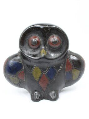 Mexican Black Clay Folk Art (barro negro) Owl Figurine 6"x7"x4" Vintage